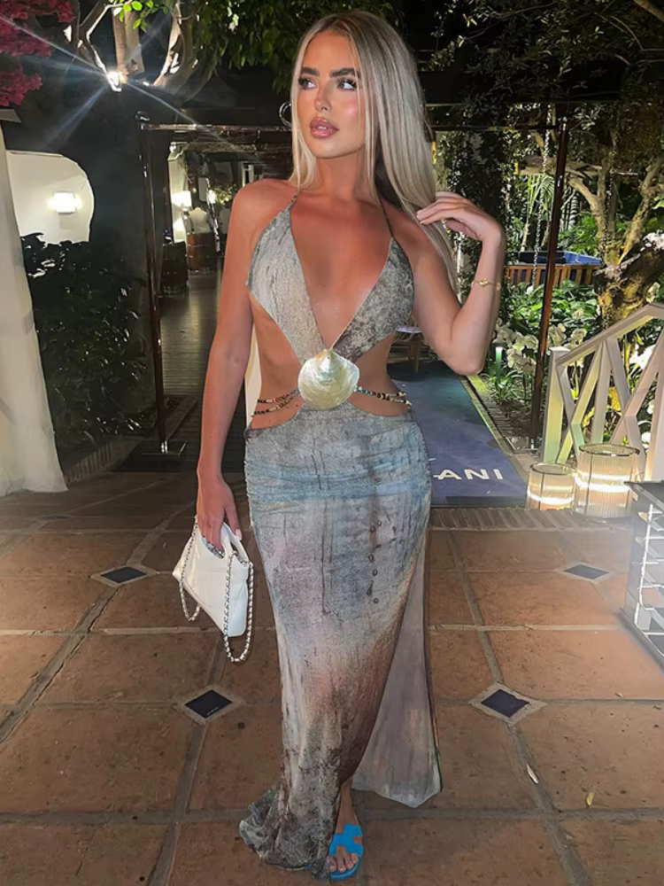 BOOFEENAA Lace Up Deep V Cut Out Backless Split Long Dresses for Women Sexy Abstract Printed Mesh Sheer Summer Dress C78-EG20