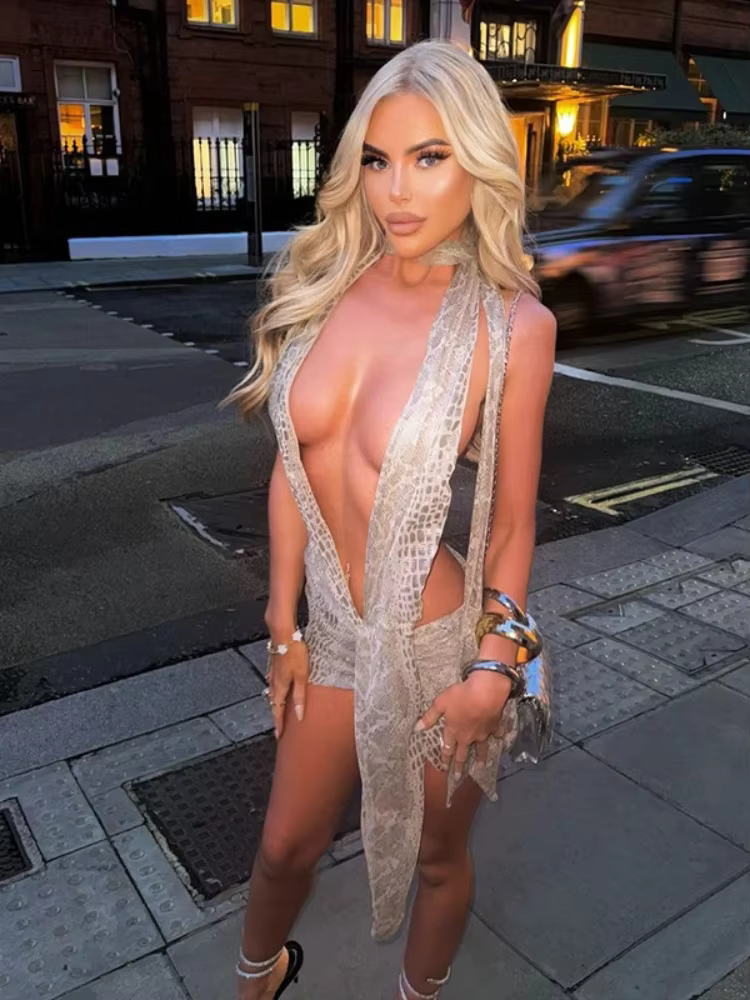 BOOFEENAA Snake Print Mesh Sexy Summer Dresses Women 2025 Beach Vacation Asymmetric Halter Backless Mini Dress Clubwear C78-BE14