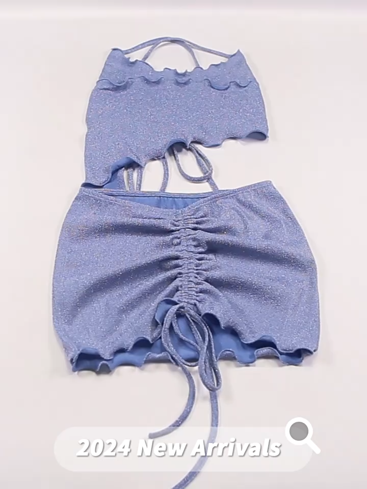 BOOFEENAA Glitter 2 Pieces Set Frilly Backless Halter Top and Drawstring Mini Skirt Sexy Summer Outfits Women 2024 C71-BH12