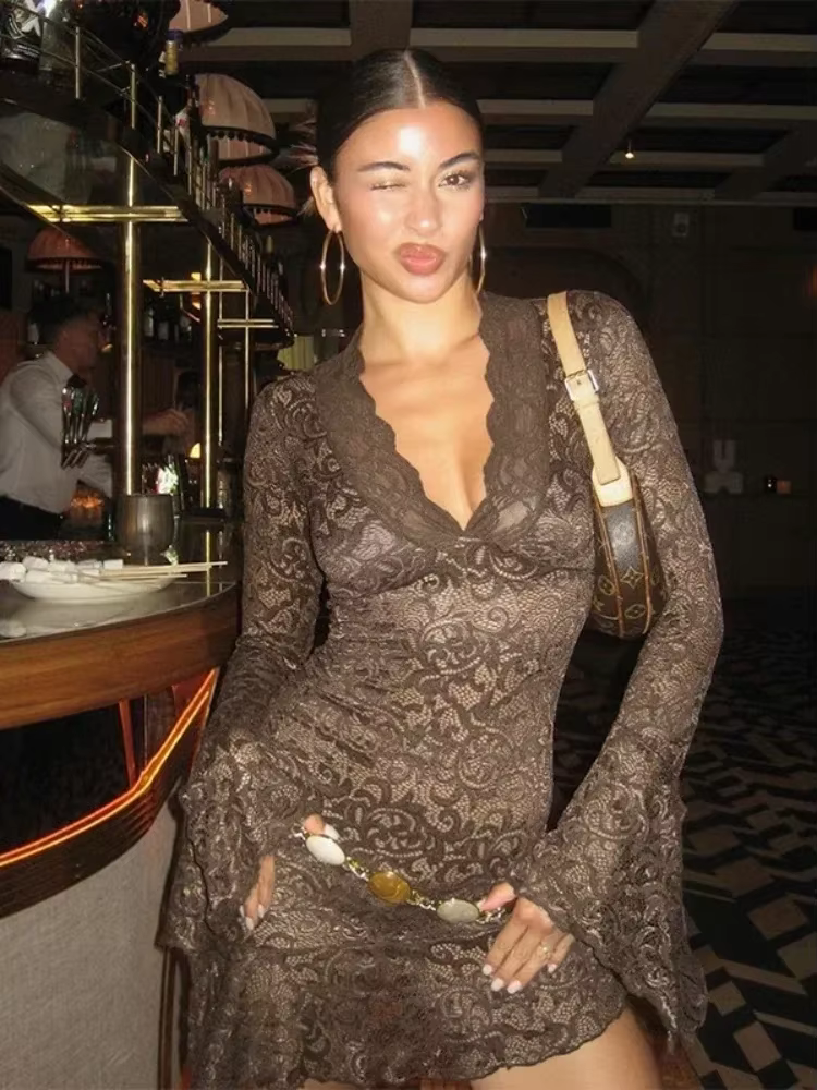 BOOFEENAA Sexy See Through Lace Dress Y2k Club Outfit for Woman Flare Long Sleeve Deep V Ruffle Short Dresses Black C85-DZ20