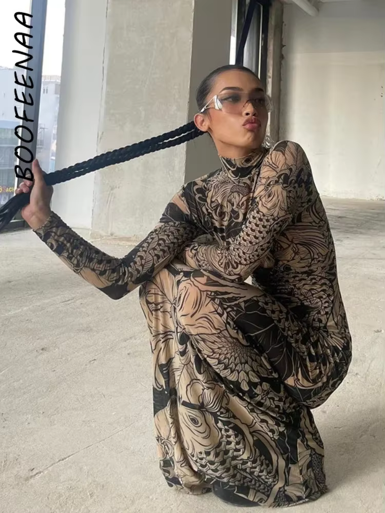 BOOFEENAA Vintage Printed Mesh Dress See Through Long Sleeve Maxi Dresses for Women Streetwear Y2k Clothing 2025 C78-CZ23