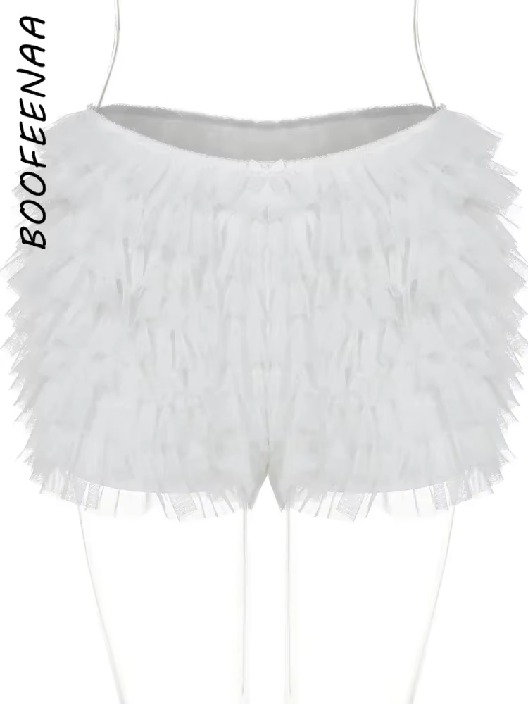 BOOFEENAA Mesh Ruffled Low-rise Bloomer Shorts Y2k 2000s Womens Clothing Fashion White Black Booty Shorts Sexy Pants C70-CE17