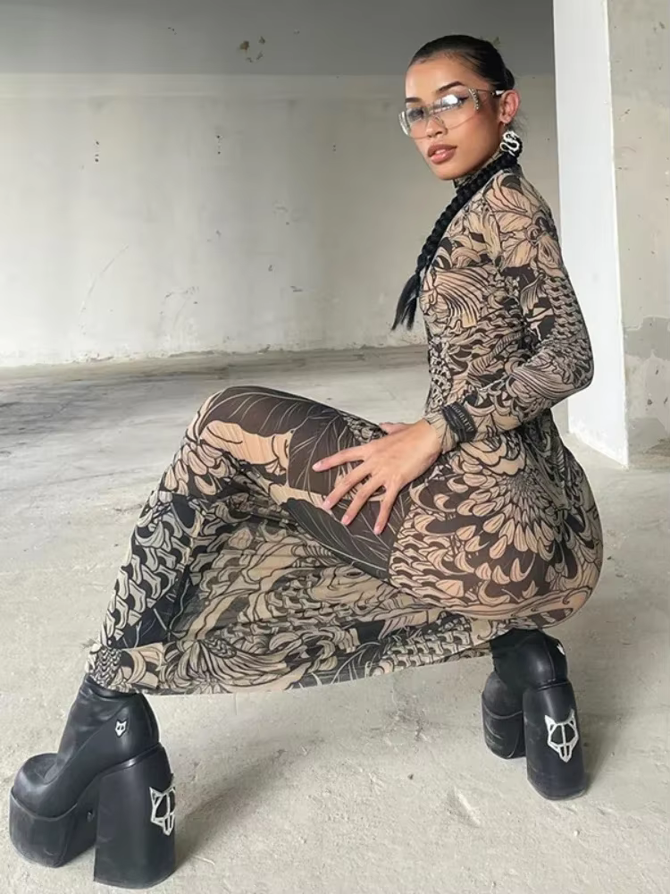 BOOFEENAA Vintage Printed Mesh Dress See Through Long Sleeve Maxi Dresses for Women Streetwear Y2k Clothing 2025 C78-CZ23