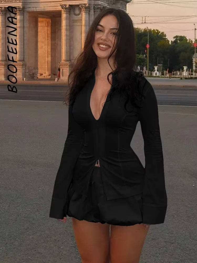 BOOFEENAA 2 Piece Set Zipper Long Sleeve Top and Bubble Mini Skirt Solid Matching Sets Kylie Jenner Outfits Autumn 2025 C96-FZ34