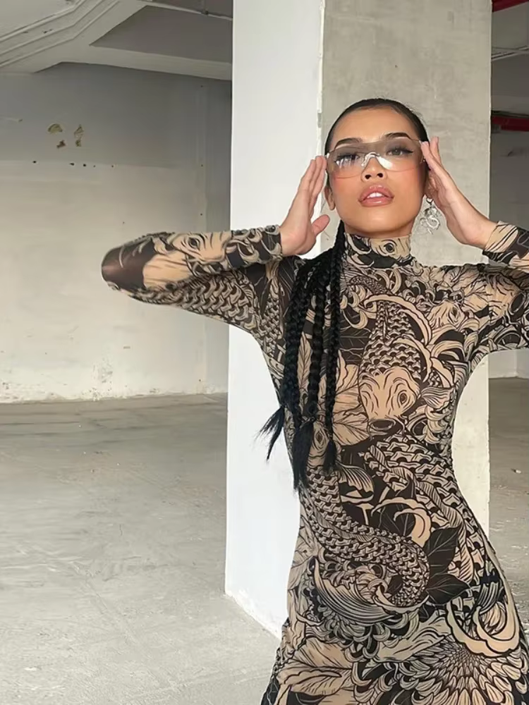 BOOFEENAA Vintage Printed Mesh Dress See Through Long Sleeve Maxi Dresses for Women Streetwear Y2k Clothing 2025 C78-CZ23