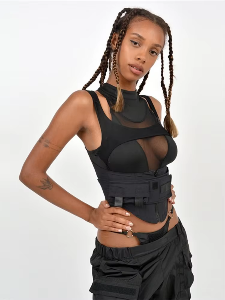 BOOFEENAA Street Fashion Sexy Black Cropped Tank Top See Through Mesh Patchwork Techwear Sleeveless Tshirts for Women C87-EZ25
