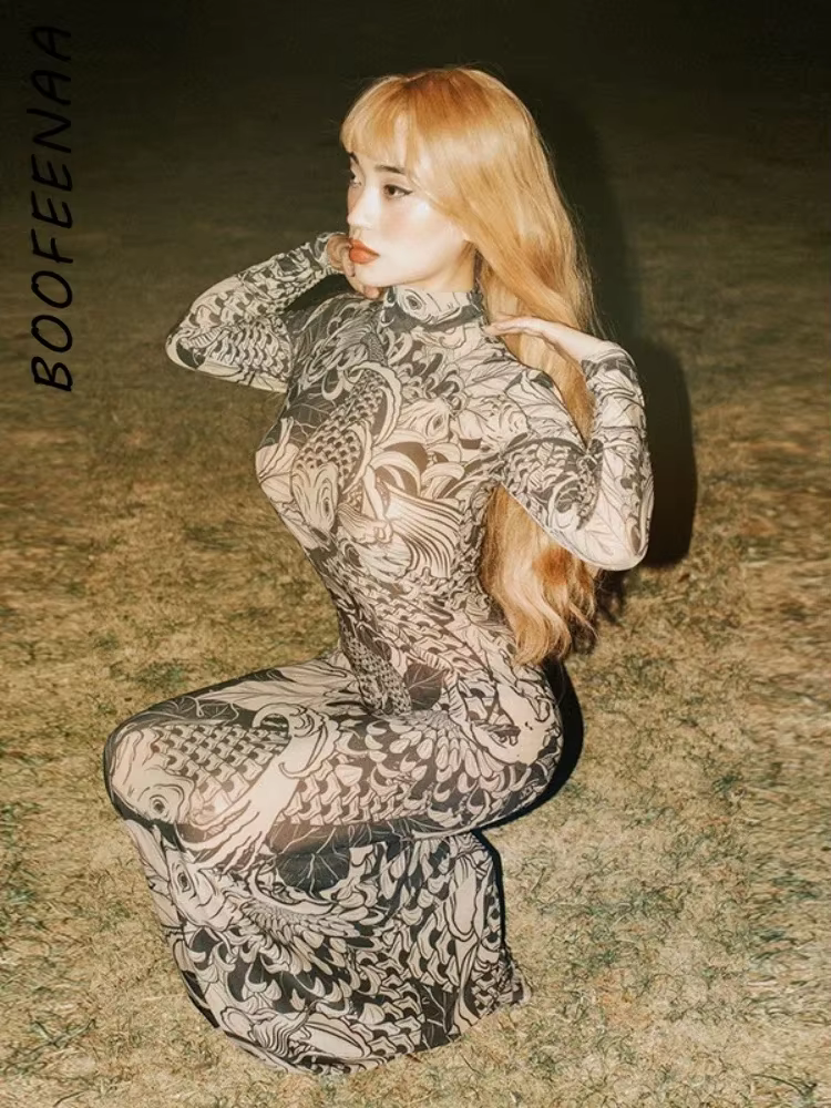 BOOFEENAA Vintage Printed Mesh Dress See Through Long Sleeve Maxi Dresses for Women Streetwear Y2k Clothing 2025 C78-CZ23