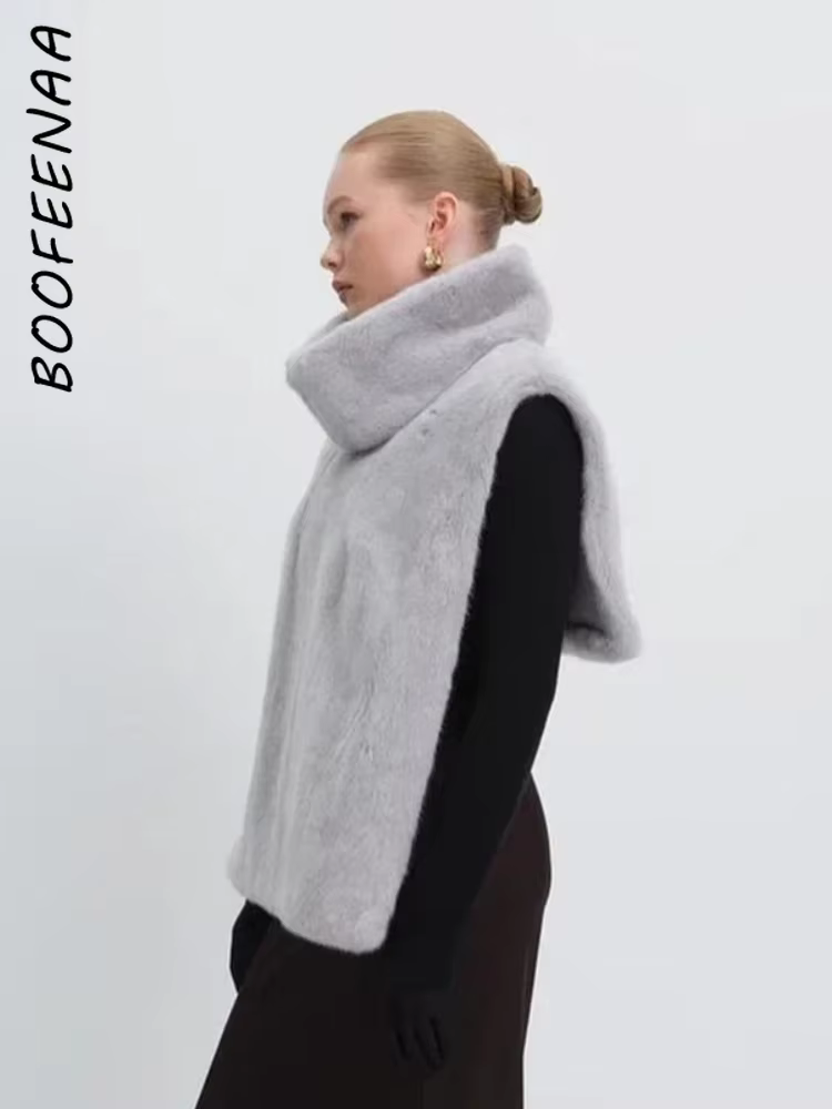 BOOFEENAA Turtleneck Furry Warm Vest Sleeveless Jacket Coat Faux Fur Top Women Trendy Winter Clothes 2025 C85-CZ29