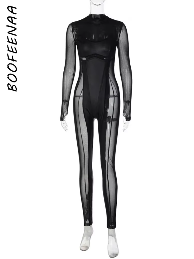 BOOFEENAA Black Mesh Sheer Bodycon Jumpsuit for Women 2025 Sexy Clubbing Outfits Gothic Punk Black One Piece Techwear C70-EC27