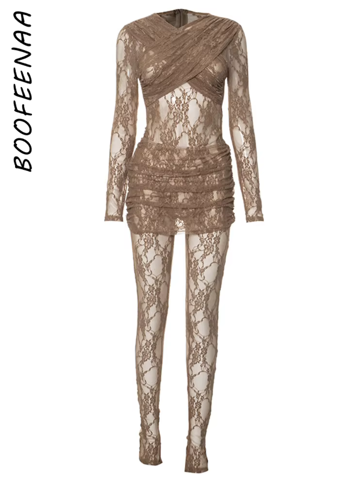 BOOFEENAA See-through Lace Mesh Black Jumpsuit with Skirt Two Piece Set Sexy Clothes for Women Clubwear Outfits 2025 C85-EI24