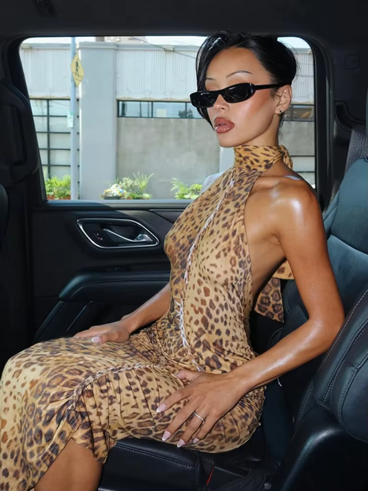 BOOFEENAA Asymmetrical Leopard Print Summer Dress for Women Sexy Club Outfits Hollow Halter Backless Long Dresses C87-DG25