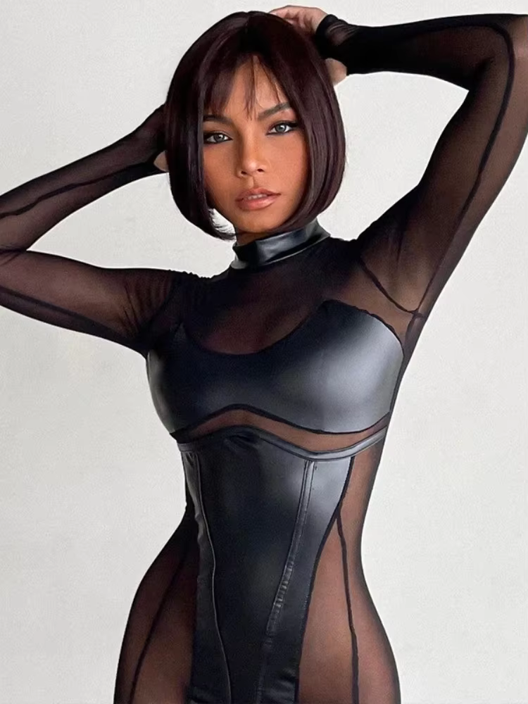 BOOFEENAA Black Mesh Sheer Bodycon Jumpsuit for Women 2025 Sexy Clubbing Outfits Gothic Punk Black One Piece Techwear C70-EC27