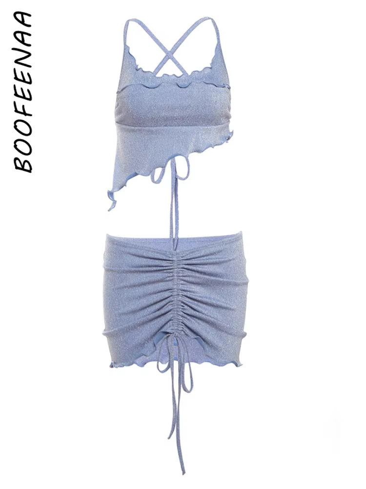 BOOFEENAA Glitter 2 Pieces Set Frilly Backless Halter Top and Drawstring Mini Skirt Sexy Summer Outfits Women 2024 C71-BH12