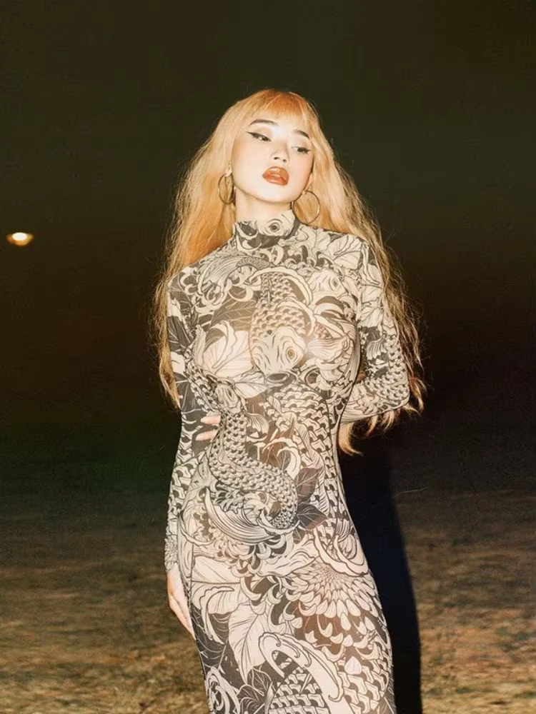 BOOFEENAA Vintage Printed Mesh Dress See Through Long Sleeve Maxi Dresses for Women Streetwear Y2k Clothing 2025 C78-CZ23