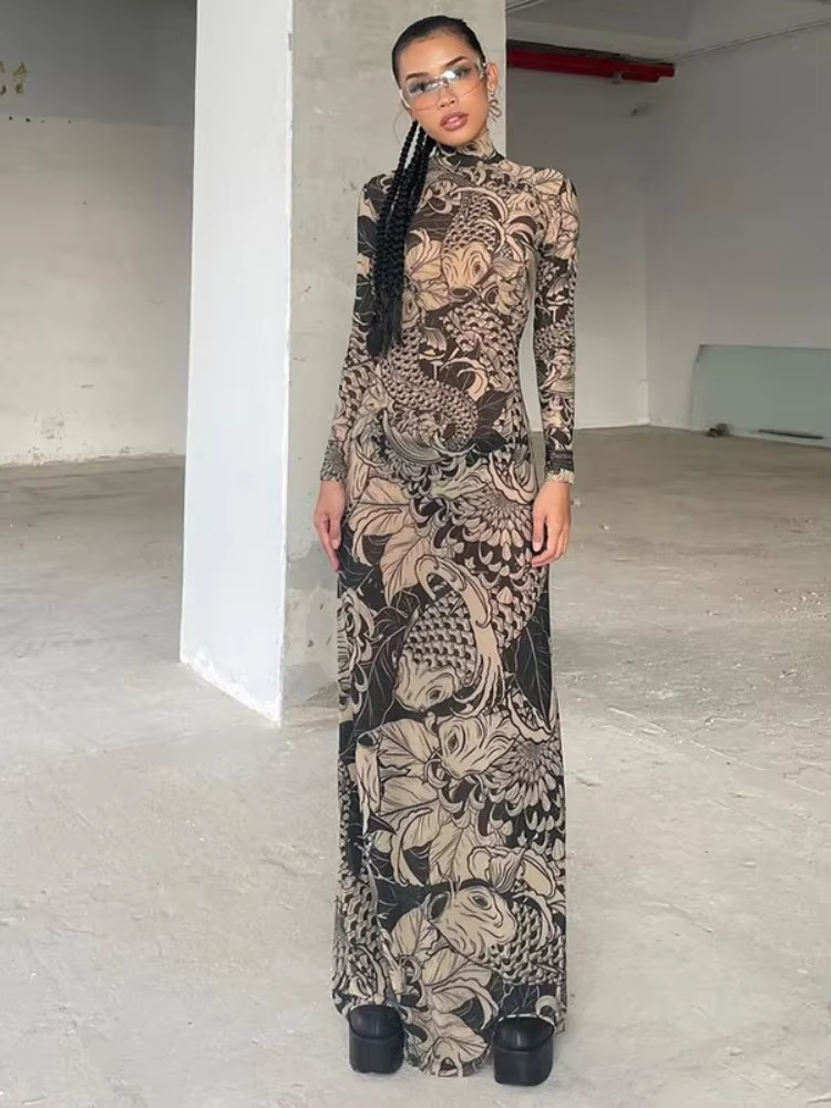 BOOFEENAA Vintage Printed Mesh Dress See Through Long Sleeve Maxi Dresses for Women Streetwear Y2k Clothing 2025 C78-CZ23
