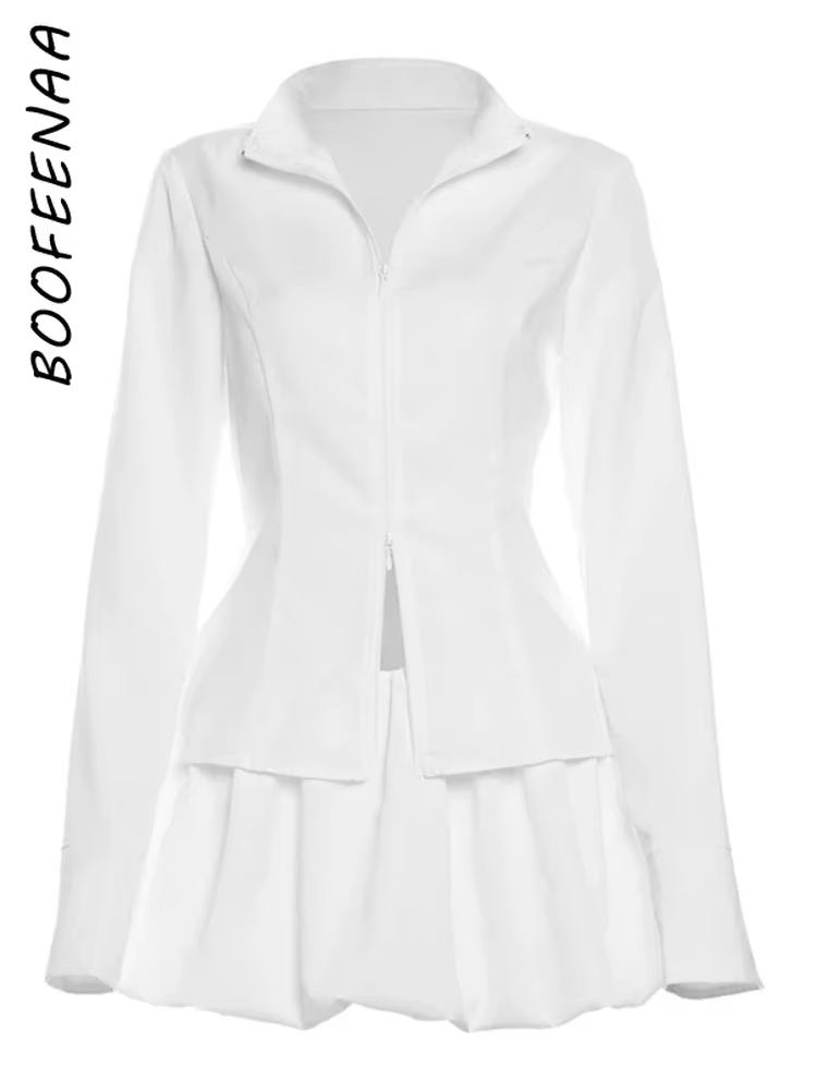 BOOFEENAA 2 Piece Set Zipper Long Sleeve Top and Bubble Mini Skirt Solid Matching Sets Kylie Jenner Outfits Autumn 2025 C96-FZ34