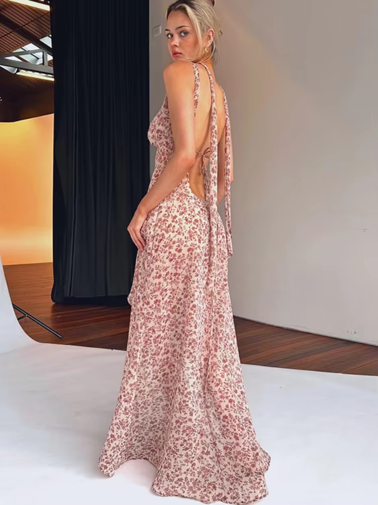 BOOFEENAA Sexy Asymmetrical Halter Backless Long Dresses Floral Print Chiffon Beach Vacation Summer Dress Womens 2025 C15-CI16