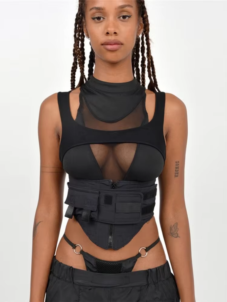 BOOFEENAA Street Fashion Sexy Black Cropped Tank Top See Through Mesh Patchwork Techwear Sleeveless Tshirts for Women C87-EZ25