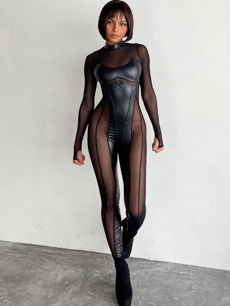 BOOFEENAA Black Mesh Sheer Bodycon Jumpsuit for Women 2025 Sexy Clubbing Outfits Gothic Punk Black One Piece Techwear C70-EC27