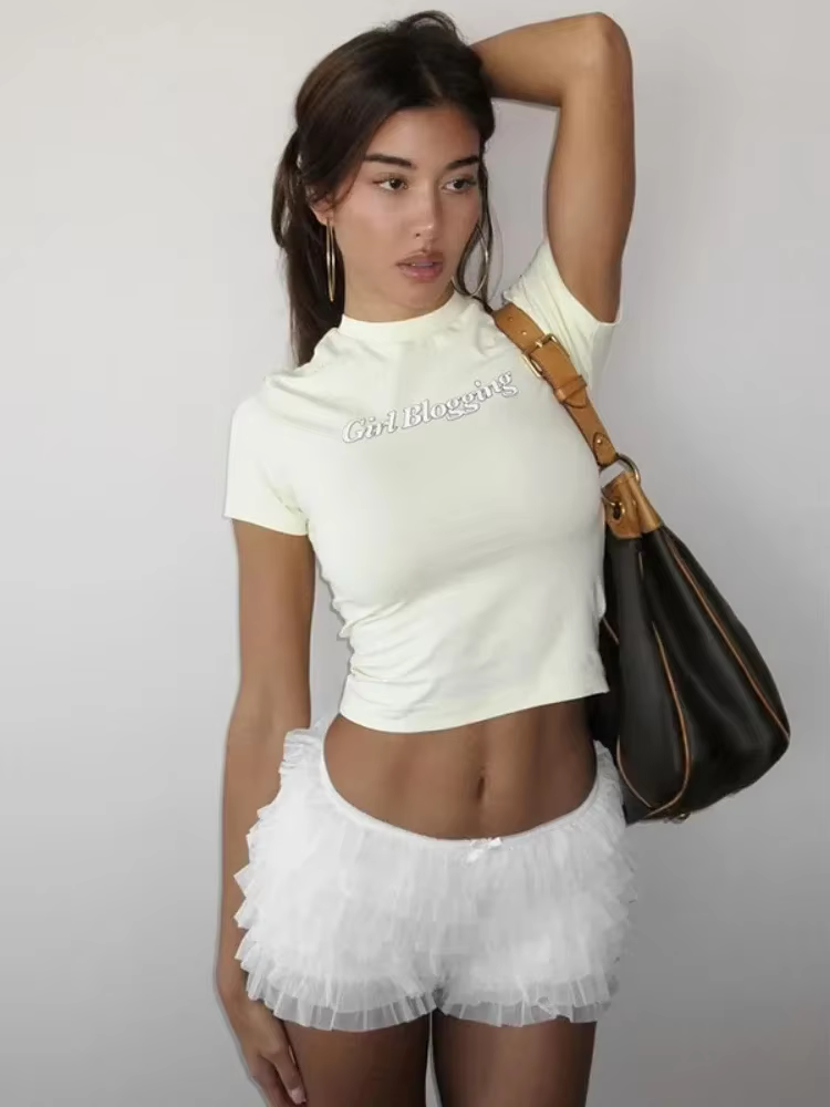 BOOFEENAA Mesh Ruffled Low-rise Bloomer Shorts Y2k 2000s Womens Clothing Fashion White Black Booty Shorts Sexy Pants C70-CE17