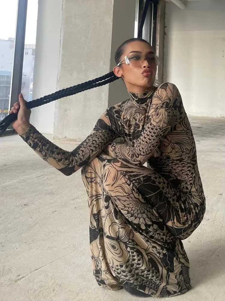 BOOFEENAA Vintage Printed Mesh Dress See Through Long Sleeve Maxi Dresses for Women Streetwear Y2k Clothing 2025 C78-CZ23