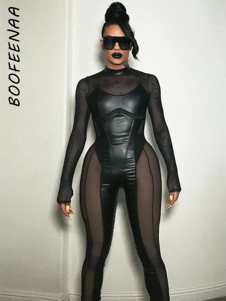 BOOFEENAA Black Mesh Sheer Bodycon Jumpsuit for Women 2025 Sexy Clubbing Outfits Gothic Punk Black One Piece Techwear C70-EC27