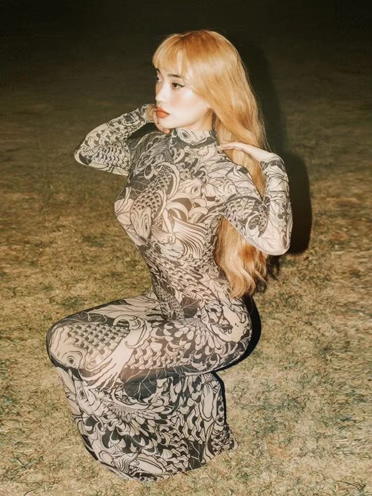 BOOFEENAA Vintage Printed Mesh Dress See Through Long Sleeve Maxi Dresses for Women Streetwear Y2k Clothing 2025 C78-CZ23