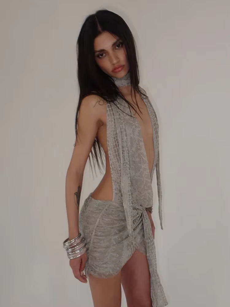 BOOFEENAA Snake Print Mesh Sexy Summer Dresses Women 2025 Beach Vacation Asymmetric Halter Backless Mini Dress Clubwear C78-BE14