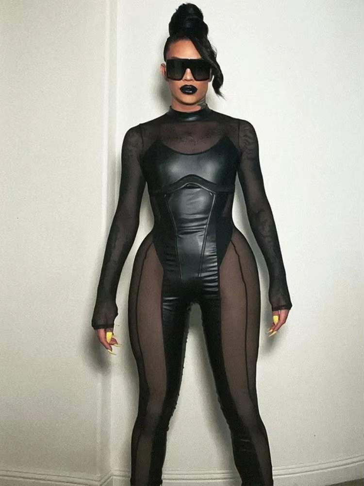 BOOFEENAA Black Mesh Sheer Bodycon Jumpsuit for Women 2025 Sexy Clubbing Outfits Gothic Punk Black One Piece Techwear C70-EC27