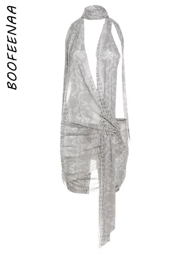 BOOFEENAA Snake Print Mesh Sexy Summer Dresses Women 2025 Beach Vacation Asymmetric Halter Backless Mini Dress Clubwear C78-BE14