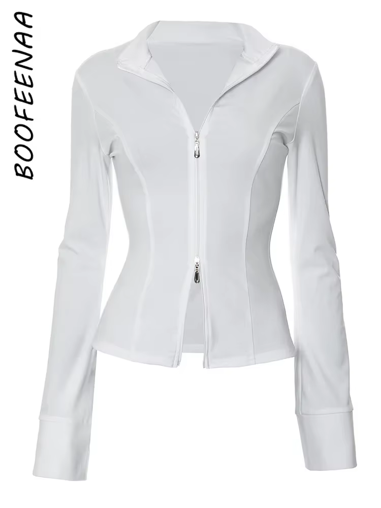 BOOFEENAA Flared Long Sleeve Zipper Tops Kylie Jenner Fall Clothes Women 2025 Fashion Sexy White T Shirts for Woman C85-CD24