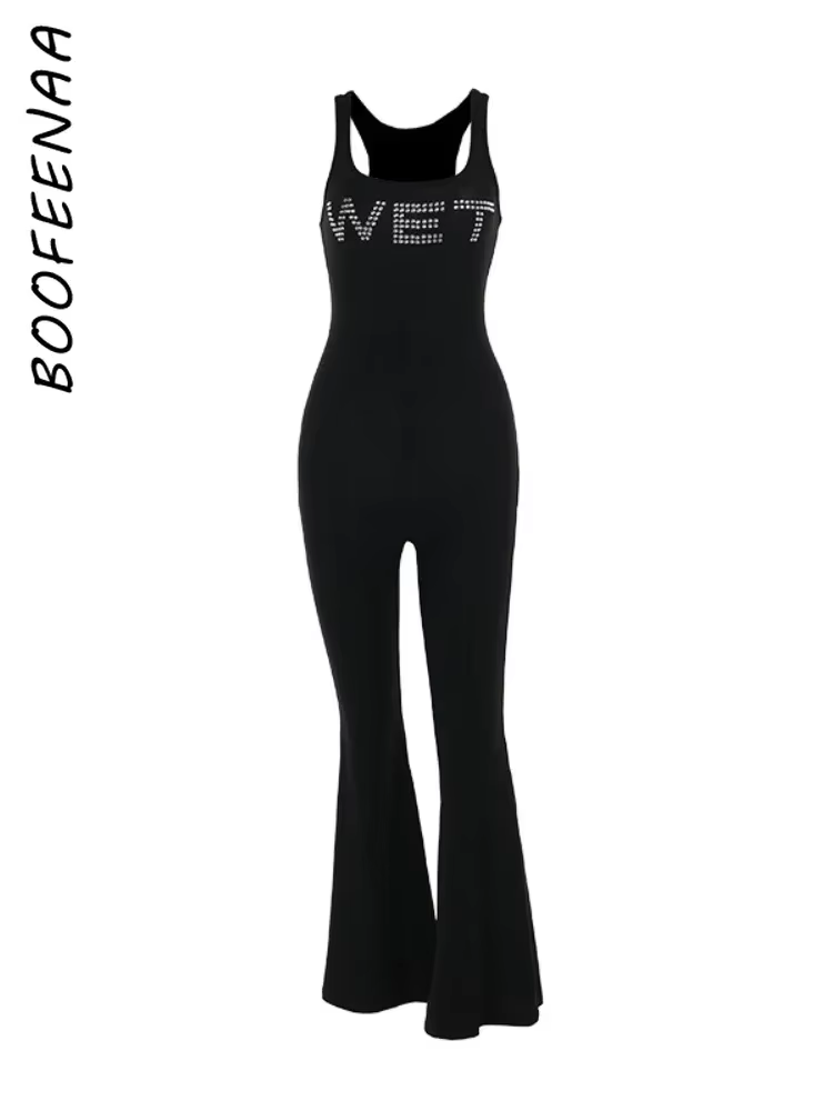 BOOFEENAA Rhinestone Wet Sleeveless Flare Jumpsuits Black One Piece Clothes Sexy Jumpsuit for Womens 2025 Club Outfits C66-CZ21