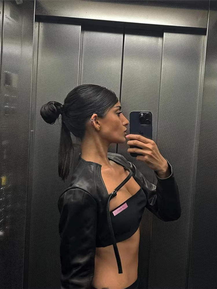 BOOFEENAA Crop PU Leather Jacket Women with Tube Top Two Piece Set Streetwear Fashion Black Coats Winter Clothes C71-CH22