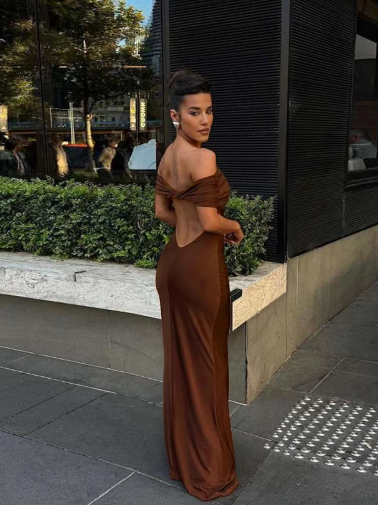 BOOFEENAA Off Shoulder Twist Backless Maxi Long Dresses for Women 2025 Summer Dress Elegant Sexy Night Gown C83-BH33