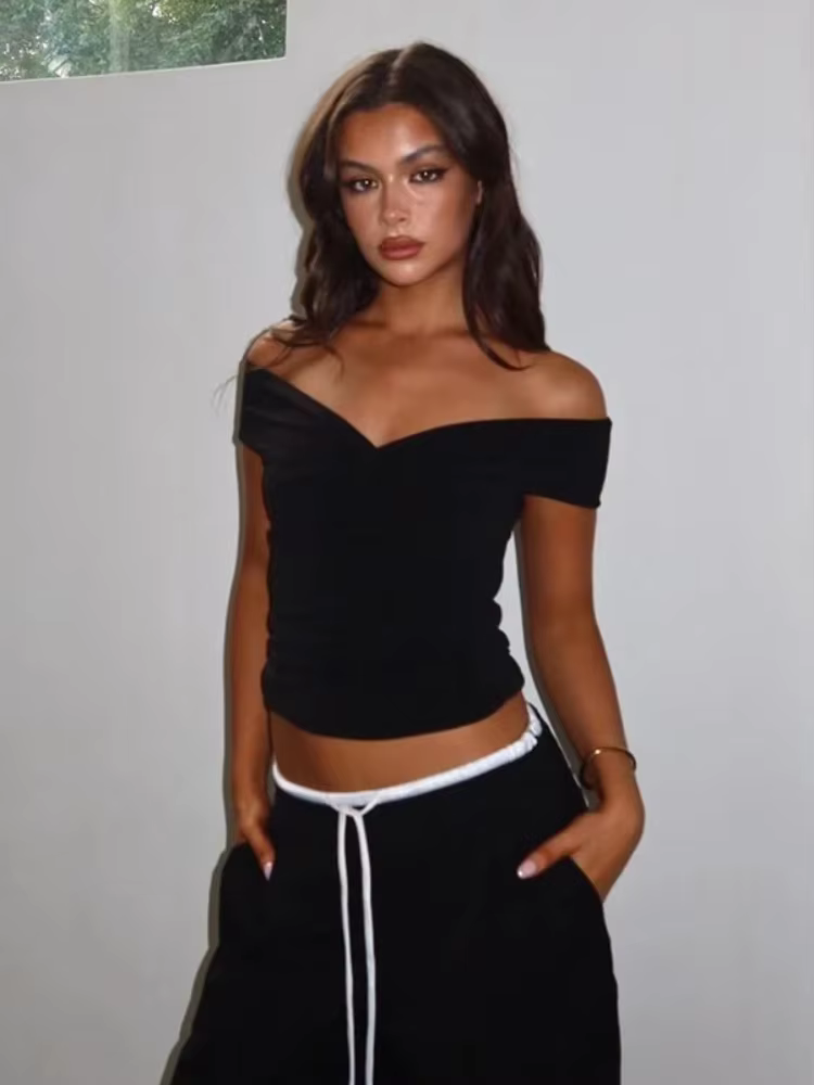 BOOFEENAA Twisted Off Shoulder Crop Tops White Black Sexy Summer Womens Tee Shirt French Style Trendy Clothes 2025 C95-BD15