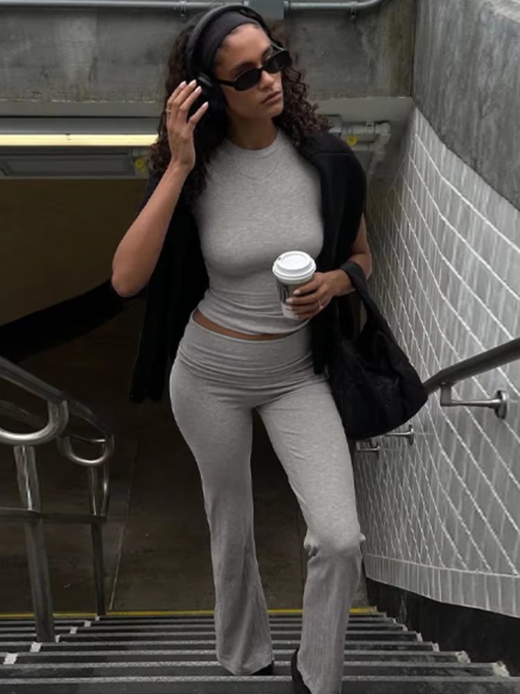 BOOFEENAA Comfy Ribbed Two Piece Set Short Sleeve Crop Top and Pants Casual Summer Outfits for Women Clothes 2025 C70-CG46