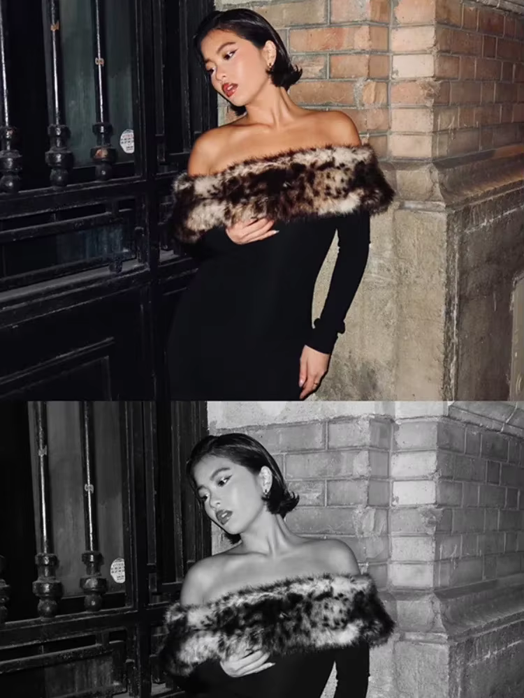 BOOFEENAA Leopard Print Fluff Splicing Off Shoulder Long Sleeve Maxi Dress Winter 2024 Sexy Going Out Party Dresses C85-DI45