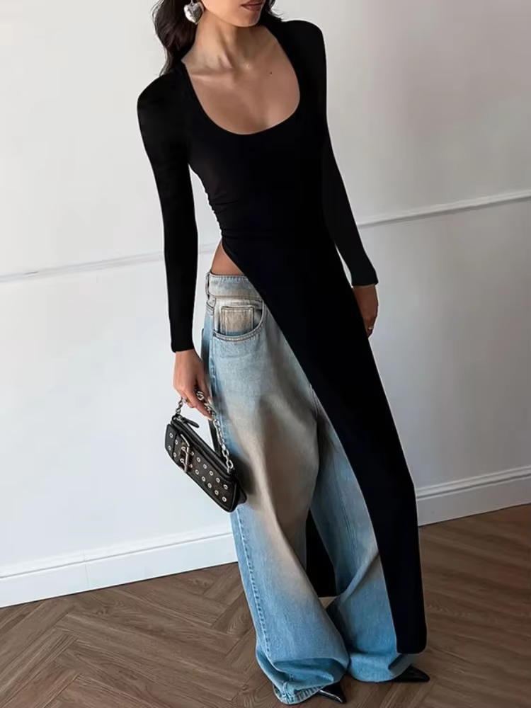 BOOFEENAA High Split Long Sleeve Top Street Fashion Asymmetrical Black T Shirts Fall Clothes 2025 Women C83-BE28