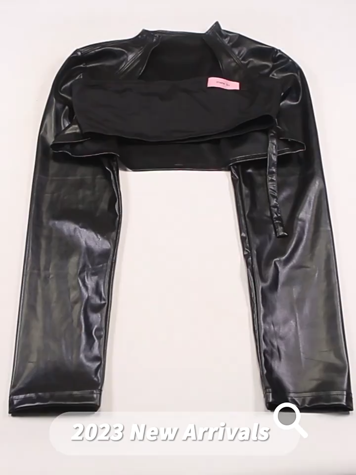 BOOFEENAA Crop PU Leather Jacket Women with Tube Top Two Piece Set Streetwear Fashion Black Coats Winter Clothes C71-CH22