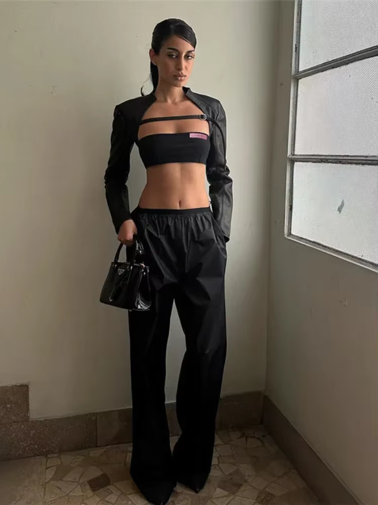 BOOFEENAA Crop PU Leather Jacket Women with Tube Top Two Piece Set Streetwear Fashion Black Coats Winter Clothes C71-CH22