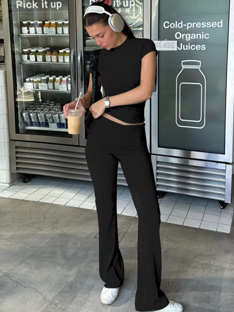 BOOFEENAA Comfy Ribbed Two Piece Set Short Sleeve Crop Top and Pants Casual Summer Outfits for Women Clothes 2025 C70-CG46