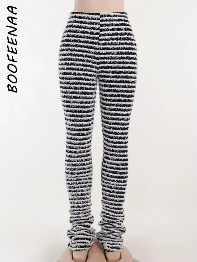 BOOFEENAA Black and White Striped Knitted Stacked Pants Women Bottoms 2025 Streetwear Extra Long High Waist Flare Pants C66-EE42