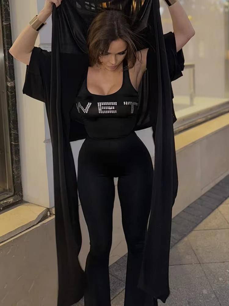 BOOFEENAA Rhinestone Wet Sleeveless Flare Jumpsuits Black One Piece Clothes Sexy Jumpsuit for Womens 2025 Club Outfits C66-CZ21