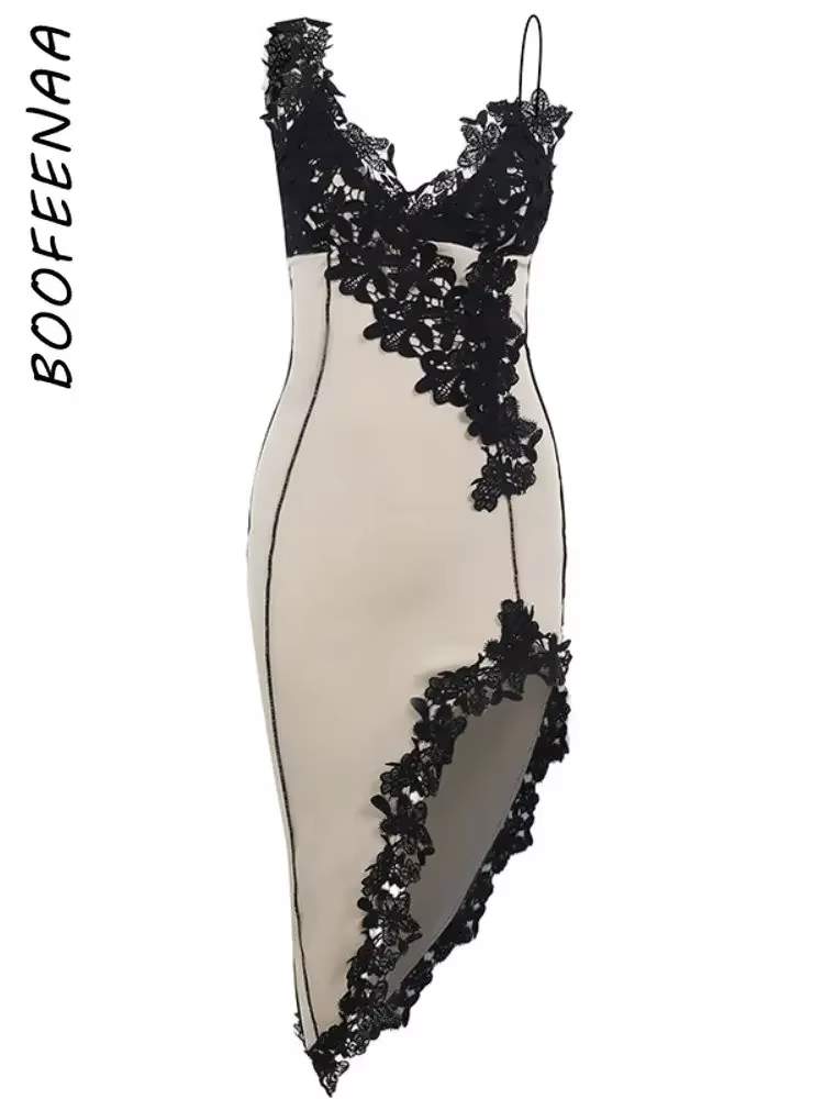 BOOFEENAA Lace Embellished Asymmetric Slit Midi Dress Kylie Jenner Outfits Sexy Night Club Party Dresses for Woman 2025 C66-DZ22