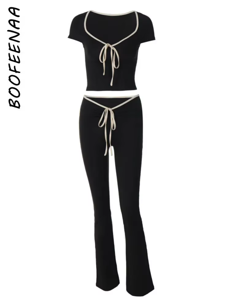 BOOFEENAA Y2k Cute Black Two Piece Set Women Outfit 2024 Summer Lace Up Low Rise Flare Pants and Crop Top Matching Sets C83-CZ30