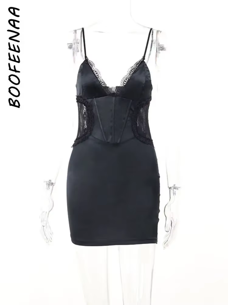 BOOFEENAA Tight Mini Dresses See Through Lace Mesh Insert Satin Black Summer Dress Sexy Club Outfits for Woman 2025 C66-CA10