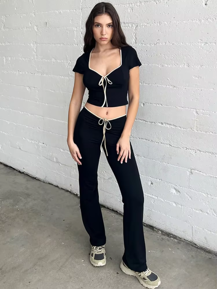 BOOFEENAA Y2k Cute Black Two Piece Set Women Outfit 2024 Summer Lace Up Low Rise Flare Pants and Crop Top Matching Sets C83-CZ30