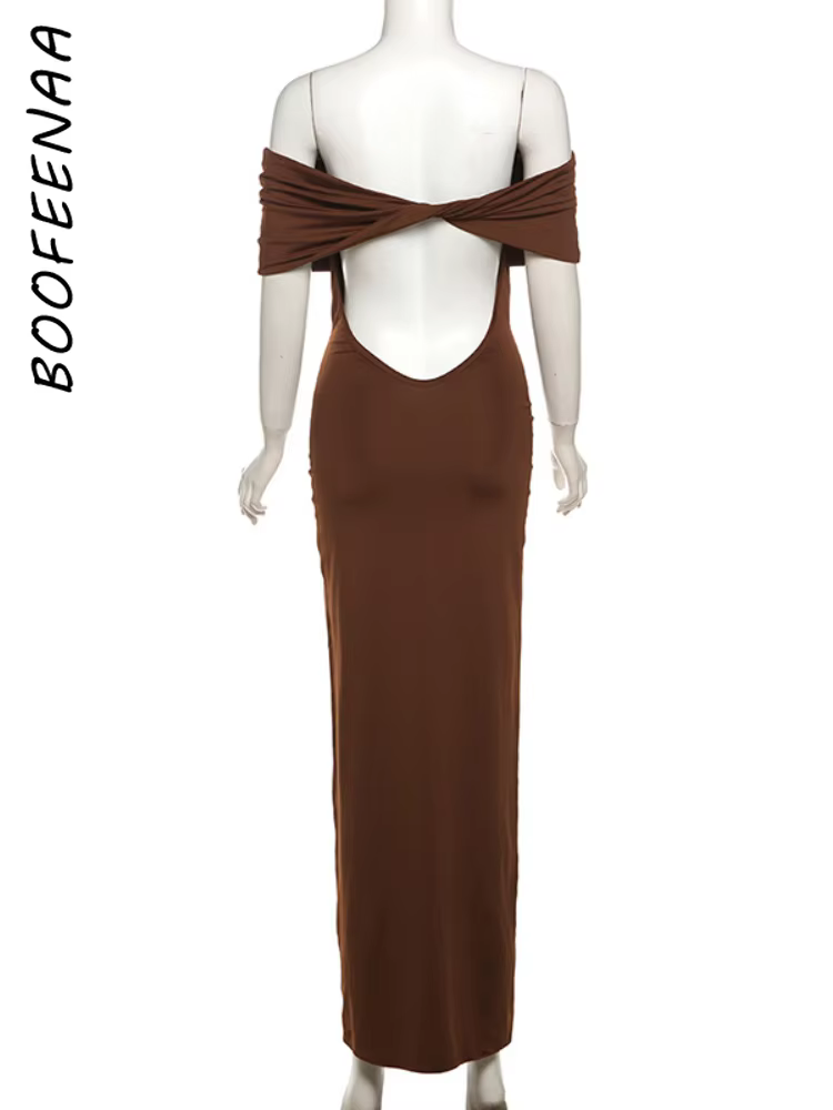 BOOFEENAA Off Shoulder Twist Backless Maxi Long Dresses for Women 2025 Summer Dress Elegant Sexy Night Gown C83-BH33