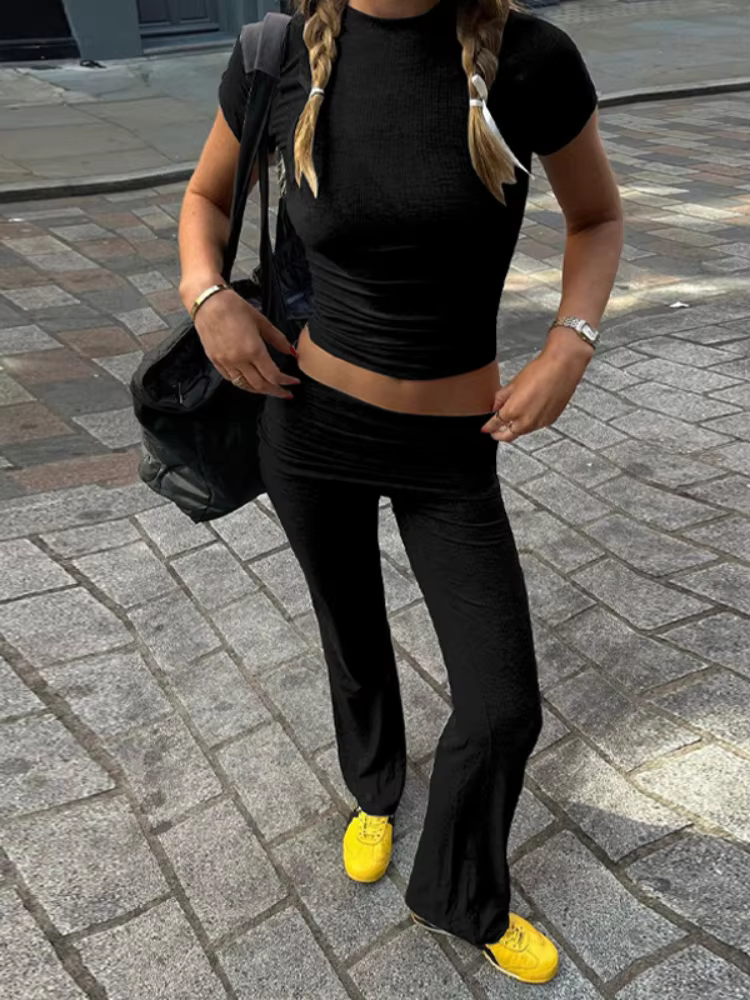 BOOFEENAA Comfy Ribbed Two Piece Set Short Sleeve Crop Top and Pants Casual Summer Outfits for Women Clothes 2025 C70-CG46