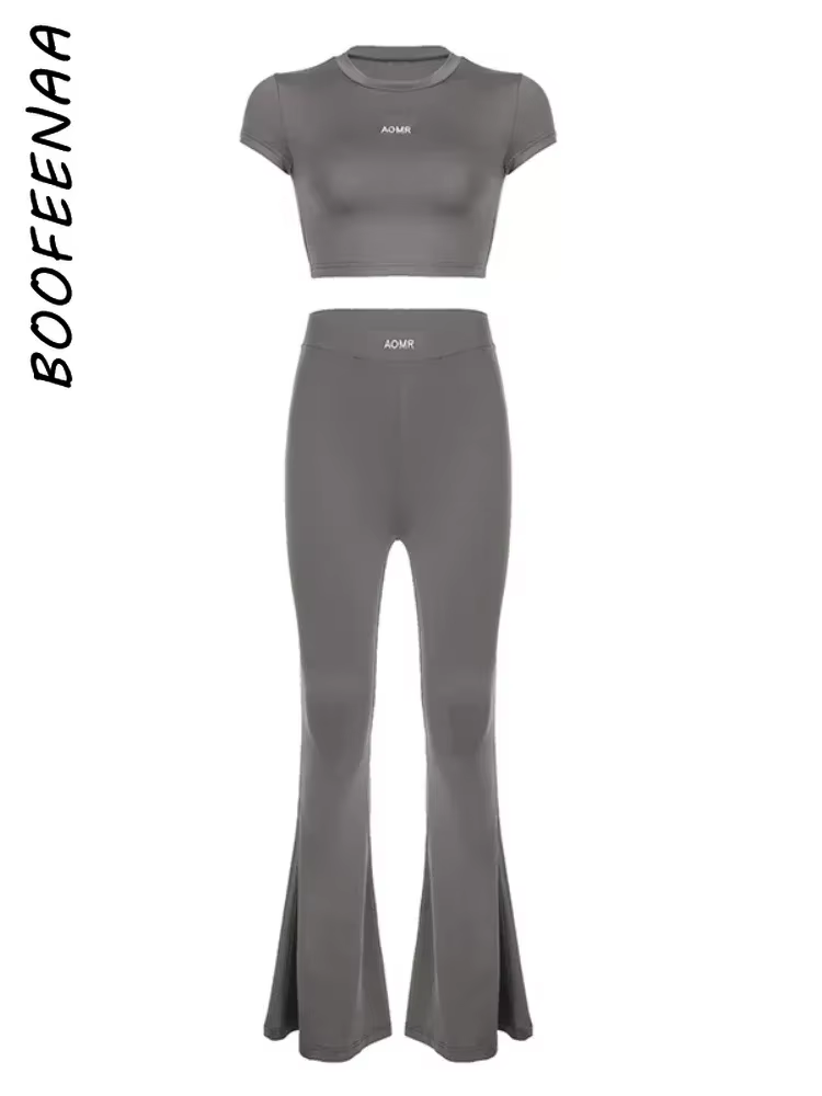 BOOFEENAA Basic Casual 2 Piece Sets Womens Outfits Top and Leggings Grey Flare Pants Matching Sets Fitness Y2k Clothing C56-CC30